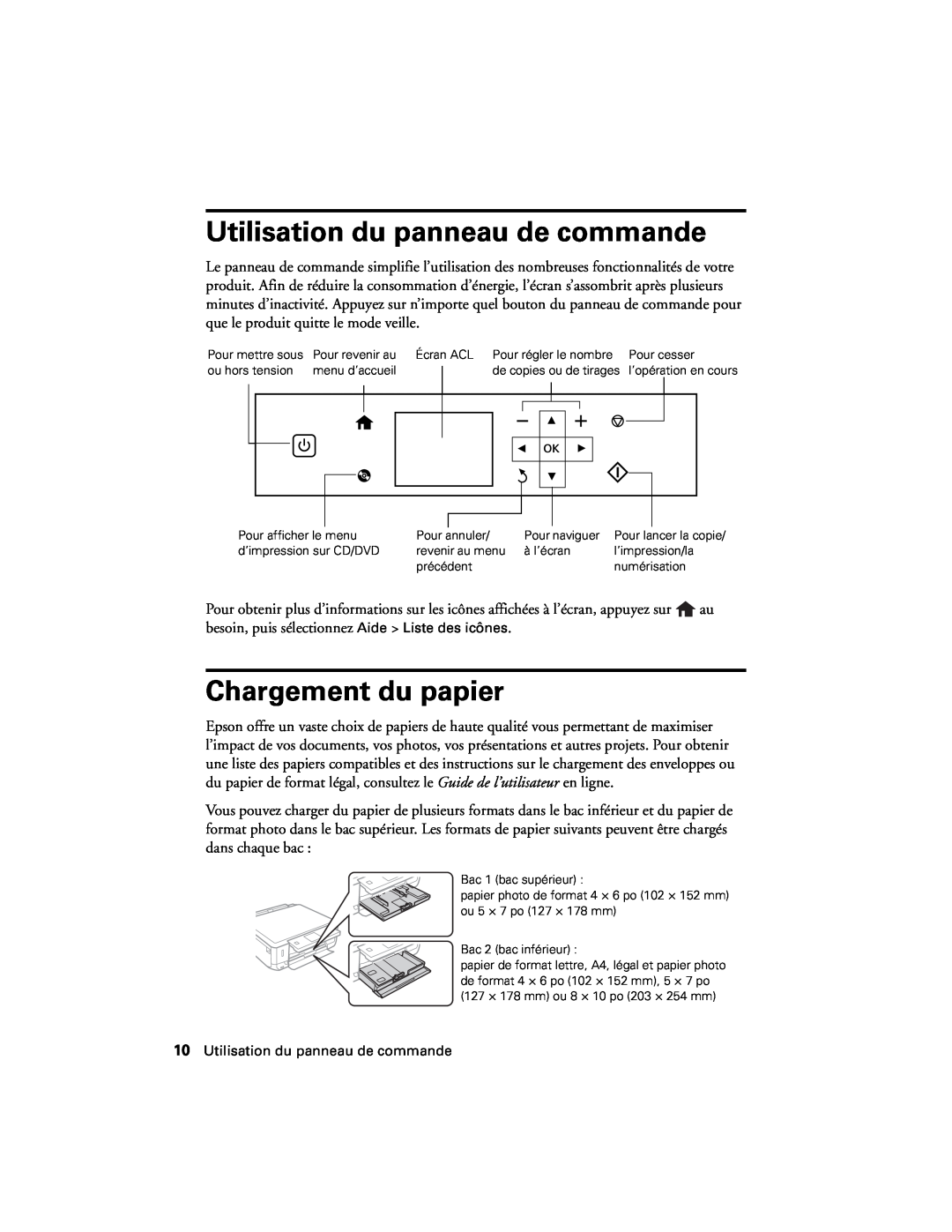 Epson XP-620 manual Utilisation du panneau de commande, Chargement du papier 
