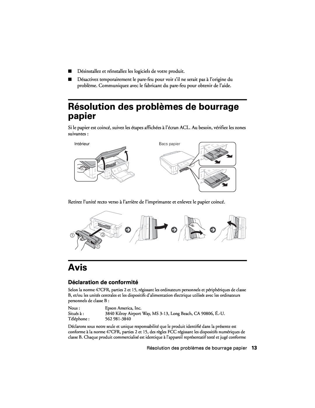 Epson XP-620 manual Résolution des problèmes de bourrage papier, Avis, Déclaration de conformité 