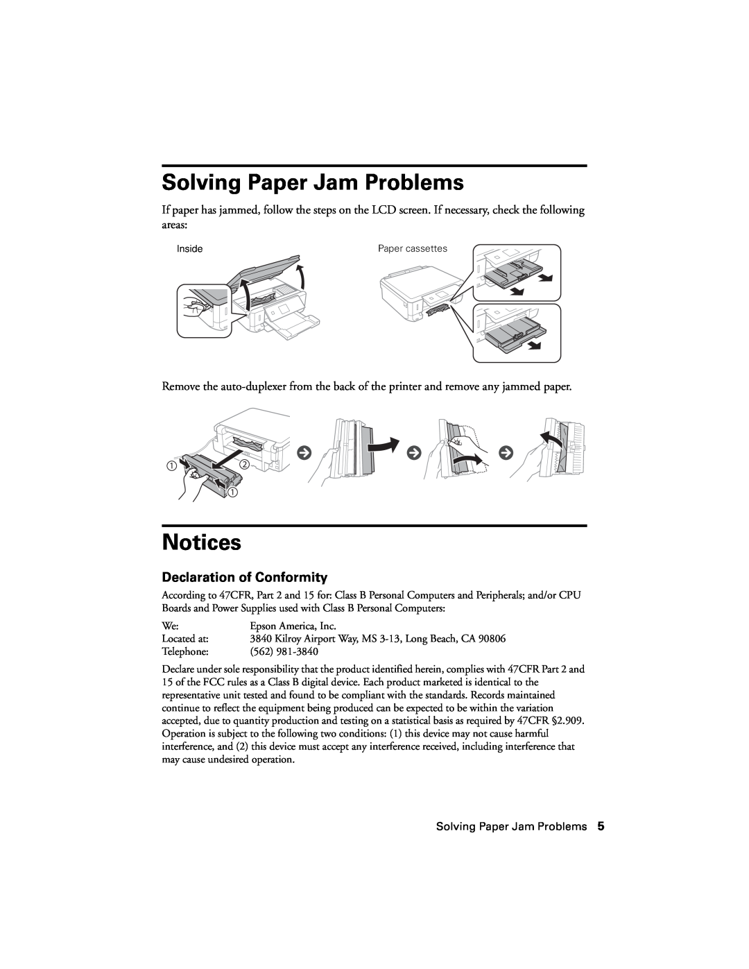 Epson XP-620 manual Solving Paper Jam Problems, Notices, Declaration of Conformity 