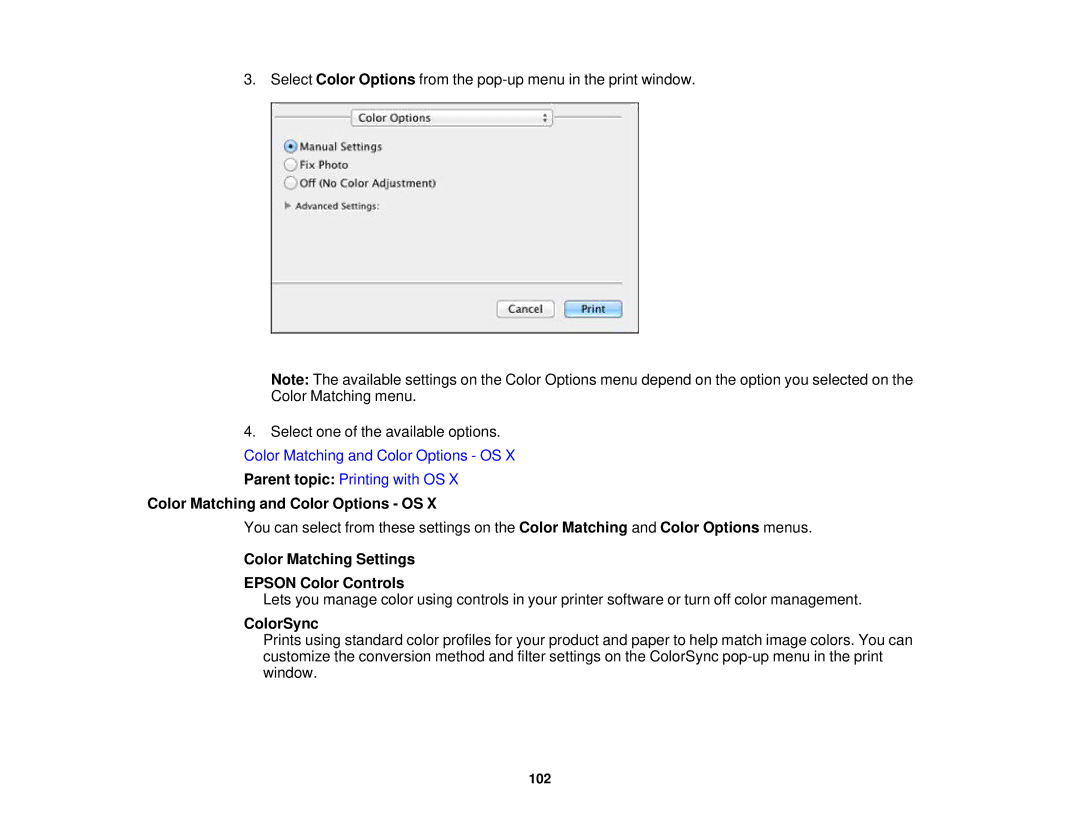 Epson XP-620 manual Color Matching and Color Options OS, Color Matching Settings Epson Color Controls, ColorSync 