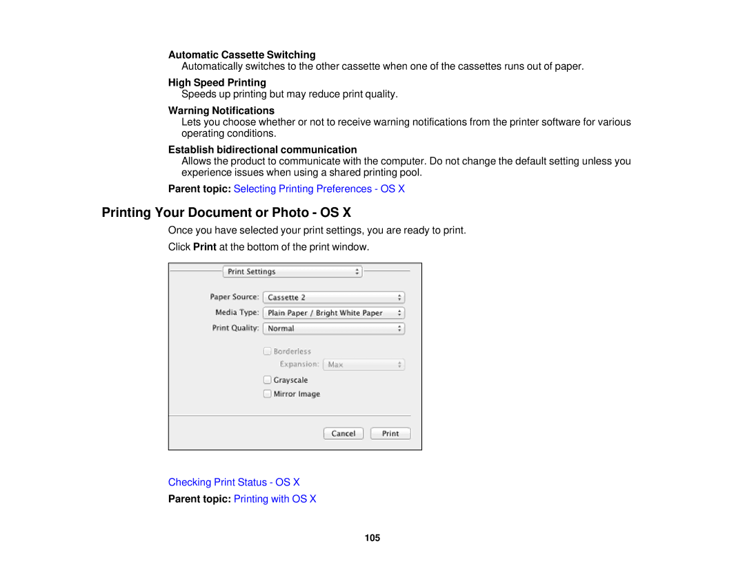Epson XP-620 manual Printing Your Document or Photo OS, Automatic Cassette Switching, High Speed Printing 