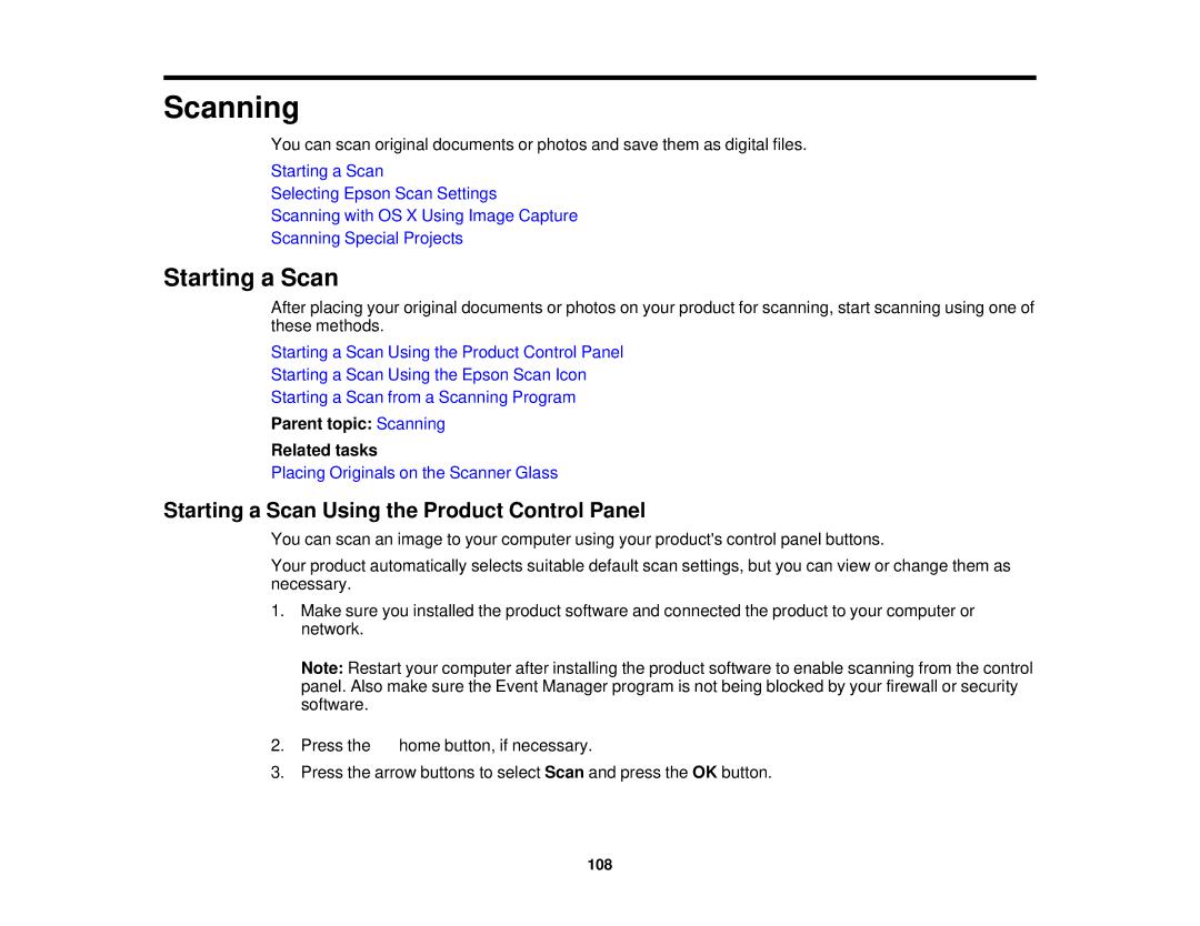 Epson XP-620 manual Starting a Scan Using the Product Control Panel, Parent topic Scanning Related tasks 