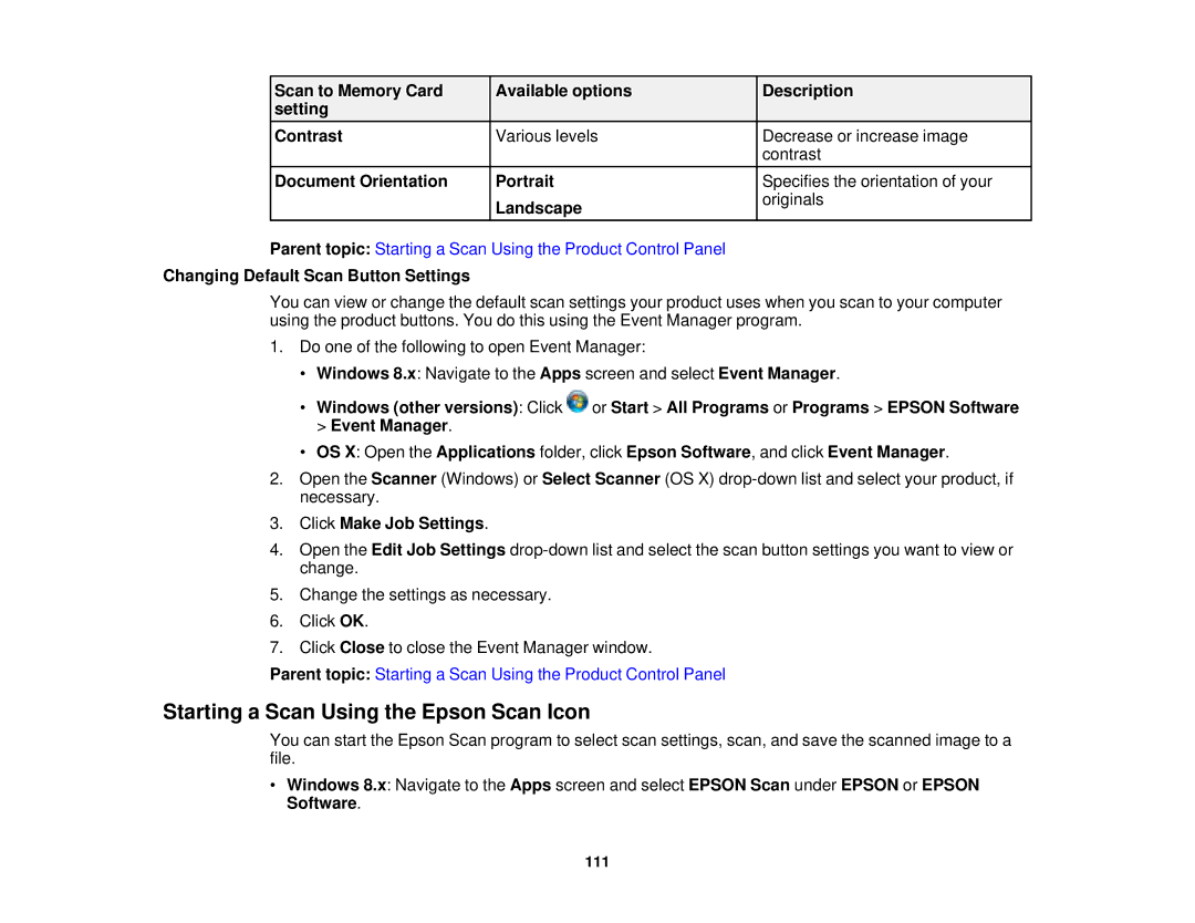 Epson XP-620 Starting a Scan Using the Epson Scan Icon, Changing Default Scan Button Settings, Click Make Job Settings 