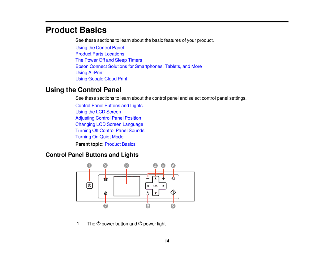 Epson XP-620 manual Using the Control Panel, Control Panel Buttons and Lights, Parent topic Product Basics 