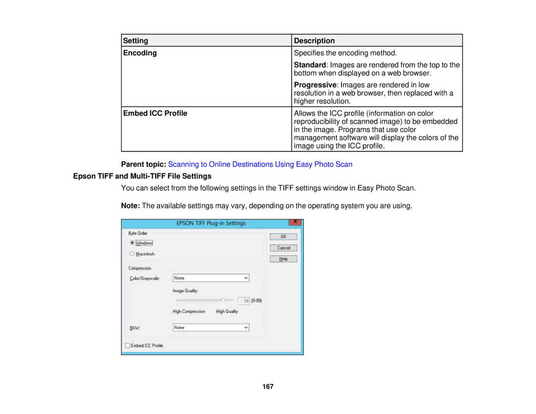 Epson XP-620 manual Setting Description Encoding, Embed ICC Profile, Epson Tiff and Multi-TIFF File Settings 