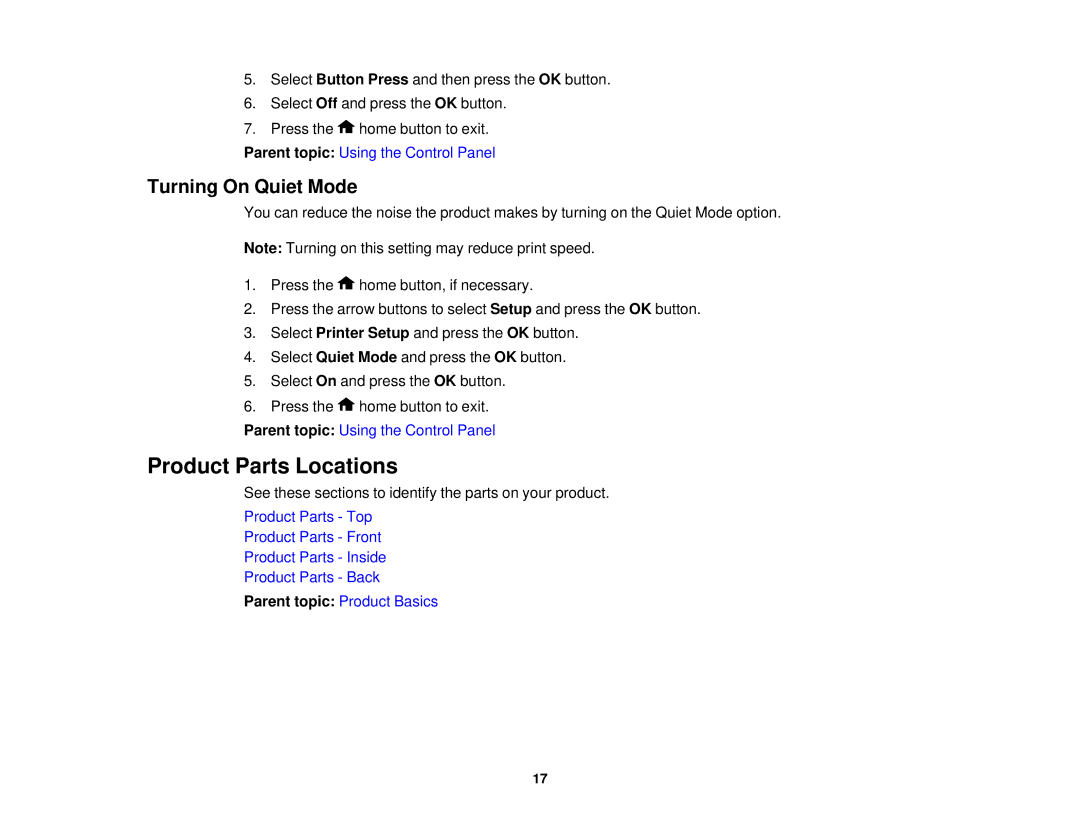 Epson XP-620 manual Product Parts Locations, Turning On Quiet Mode 