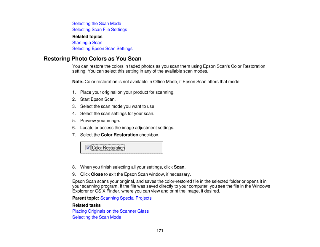 Epson XP-620 manual Restoring Photo Colors as You Scan, Related topics 