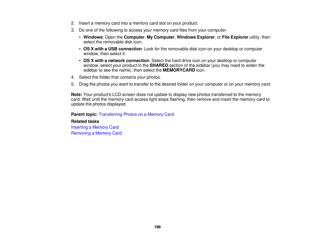 Epson XP-620 manual Inserting a Memory Card Removing a Memory Card 