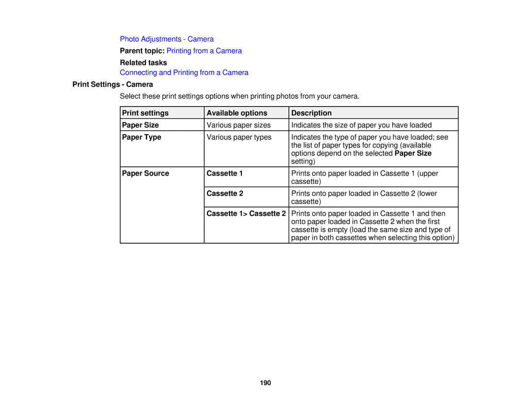 Epson XP-620 manual Print Settings Camera, Print settings Available options Description Paper Size 