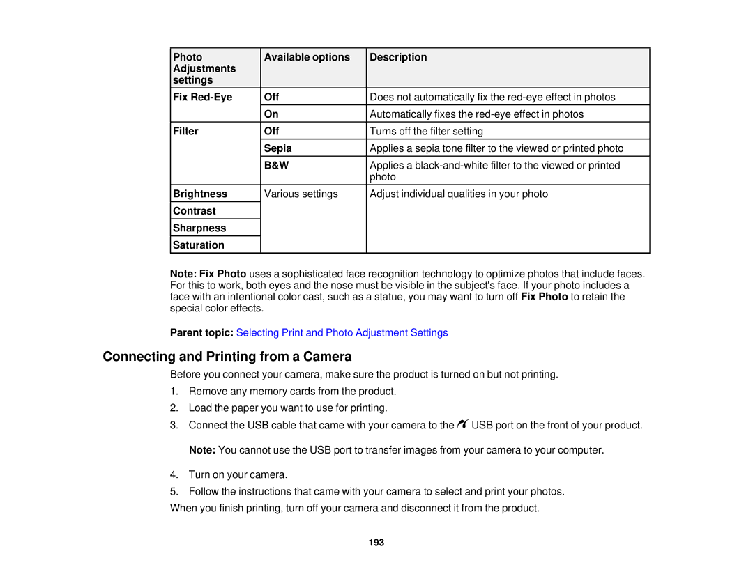 Epson XP-620 manual Connecting and Printing from a Camera 