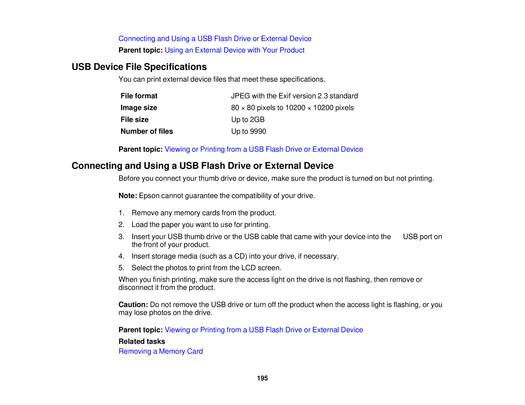 Epson XP-620 manual USB Device File Specifications, Connecting and Using a USB Flash Drive or External Device 