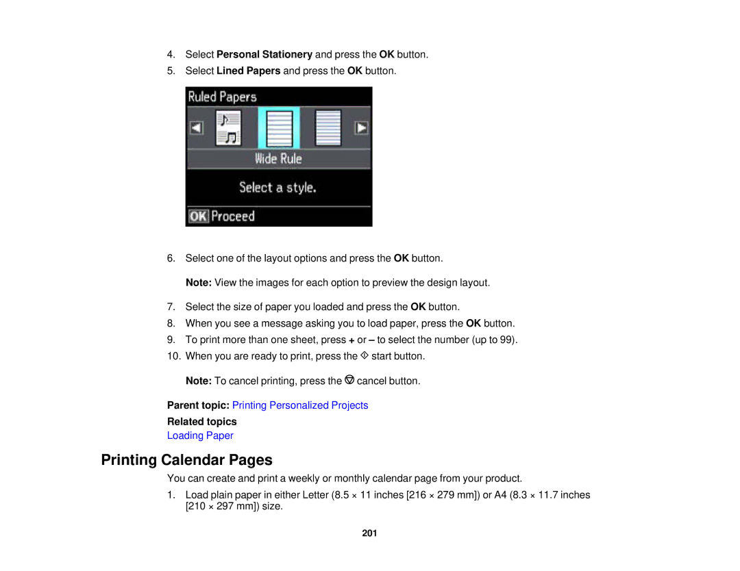 Epson XP-620 manual Printing Calendar Pages 