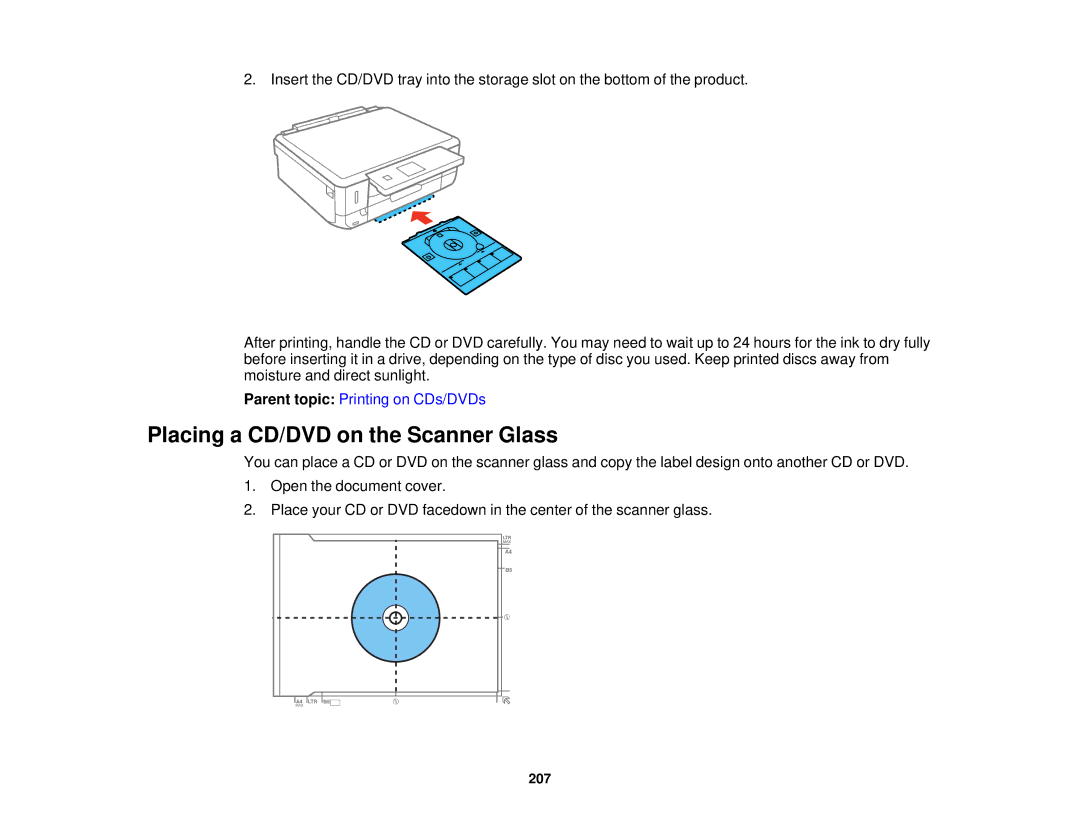 Epson XP-620 manual Placing a CD/DVD on the Scanner Glass 