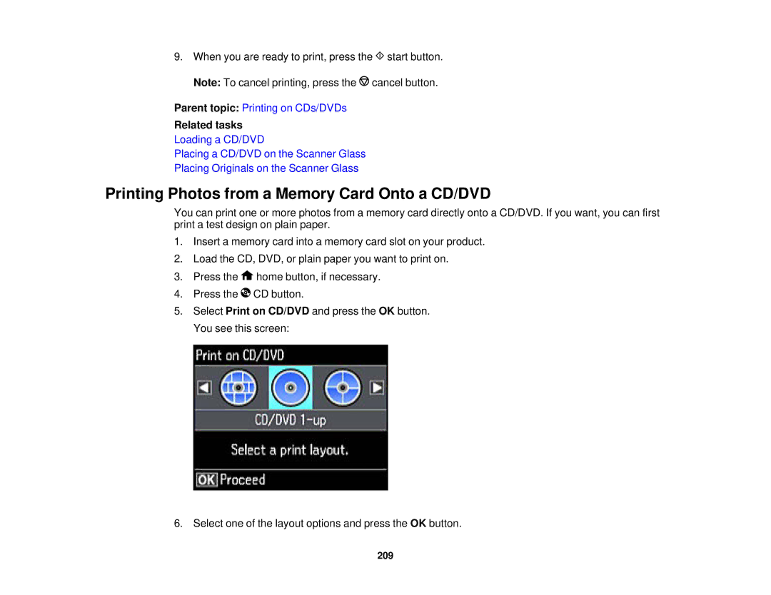 Epson XP-620 manual Printing Photos from a Memory Card Onto a CD/DVD, Related tasks 