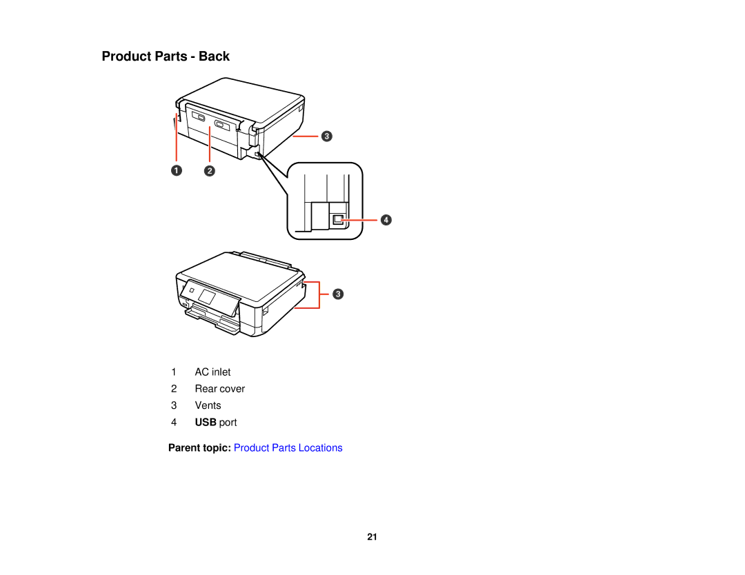 Epson XP-620 manual Product Parts Back, USB port 