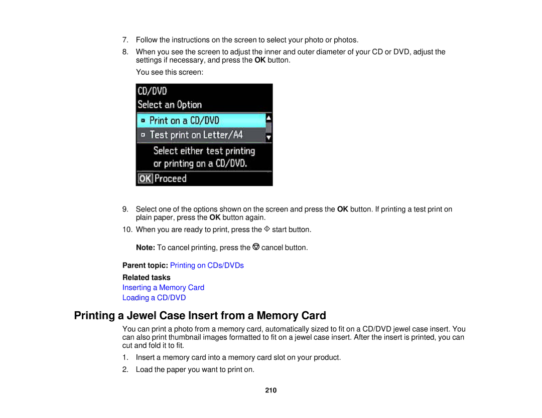 Epson XP-620 manual Printing a Jewel Case Insert from a Memory Card 