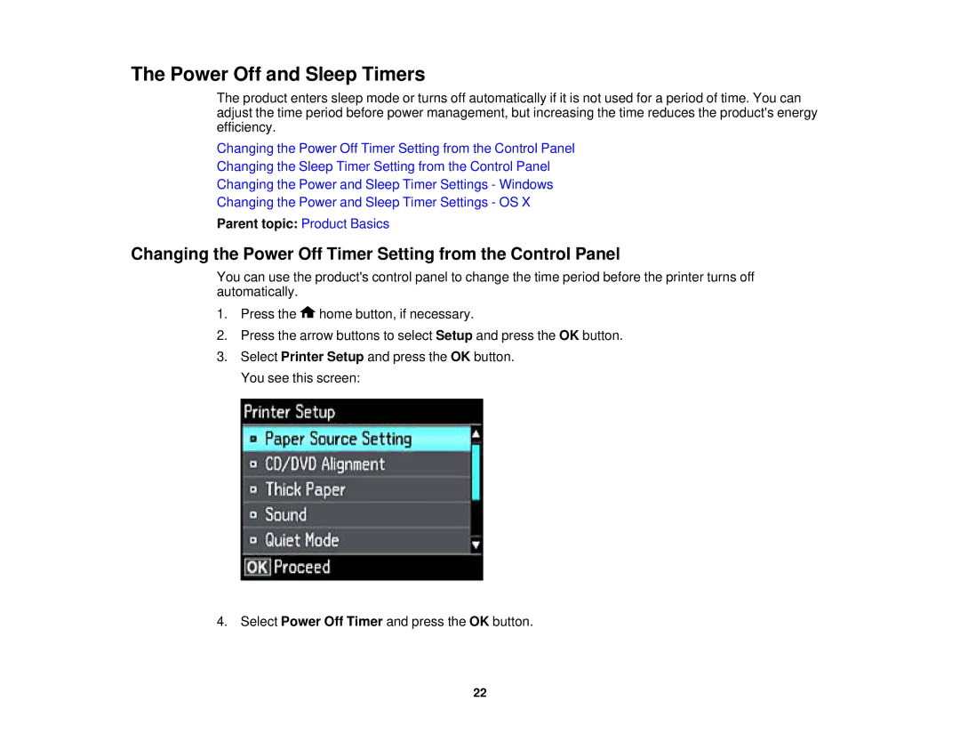 Epson XP-620 manual Power Off and Sleep Timers, Changing the Power Off Timer Setting from the Control Panel 