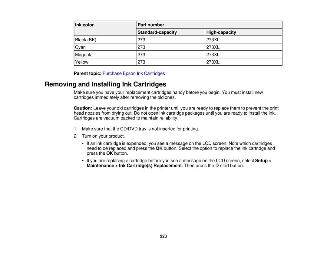 Epson XP-620 manual Removing and Installing Ink Cartridges, Ink color Part number Standard-capacity High-capacity 