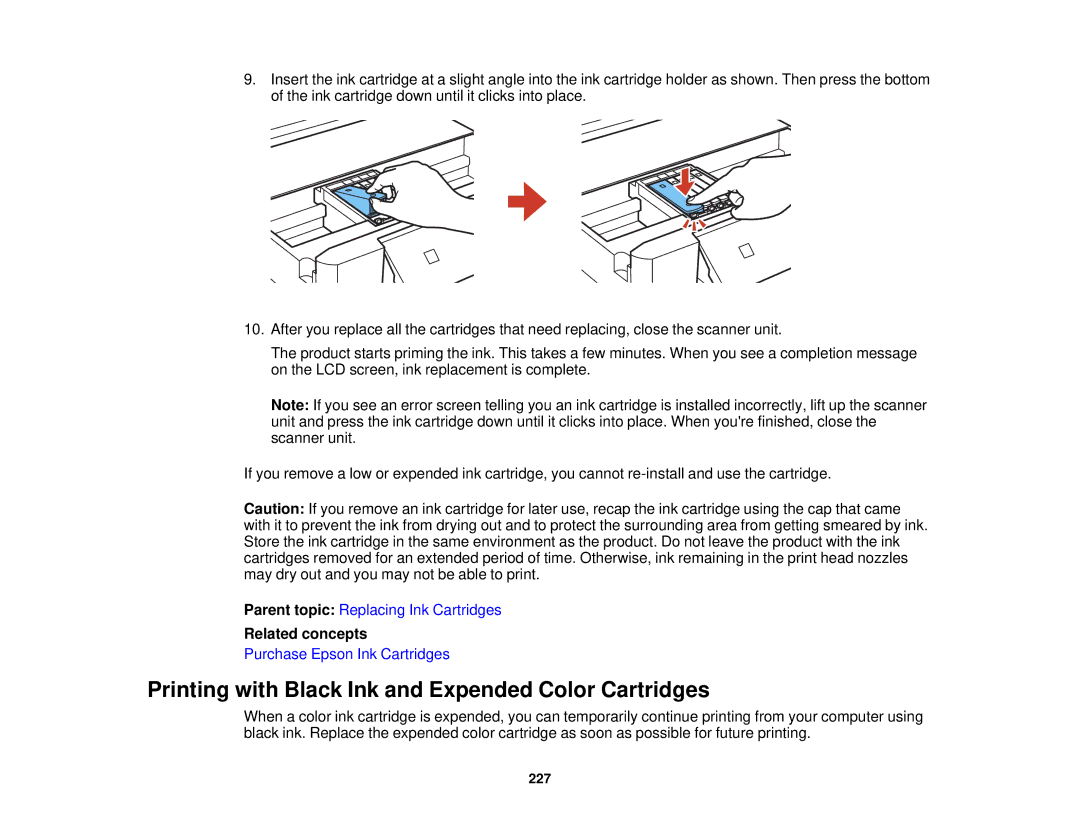 Epson XP-620 manual Printing with Black Ink and Expended Color Cartridges, Related concepts 