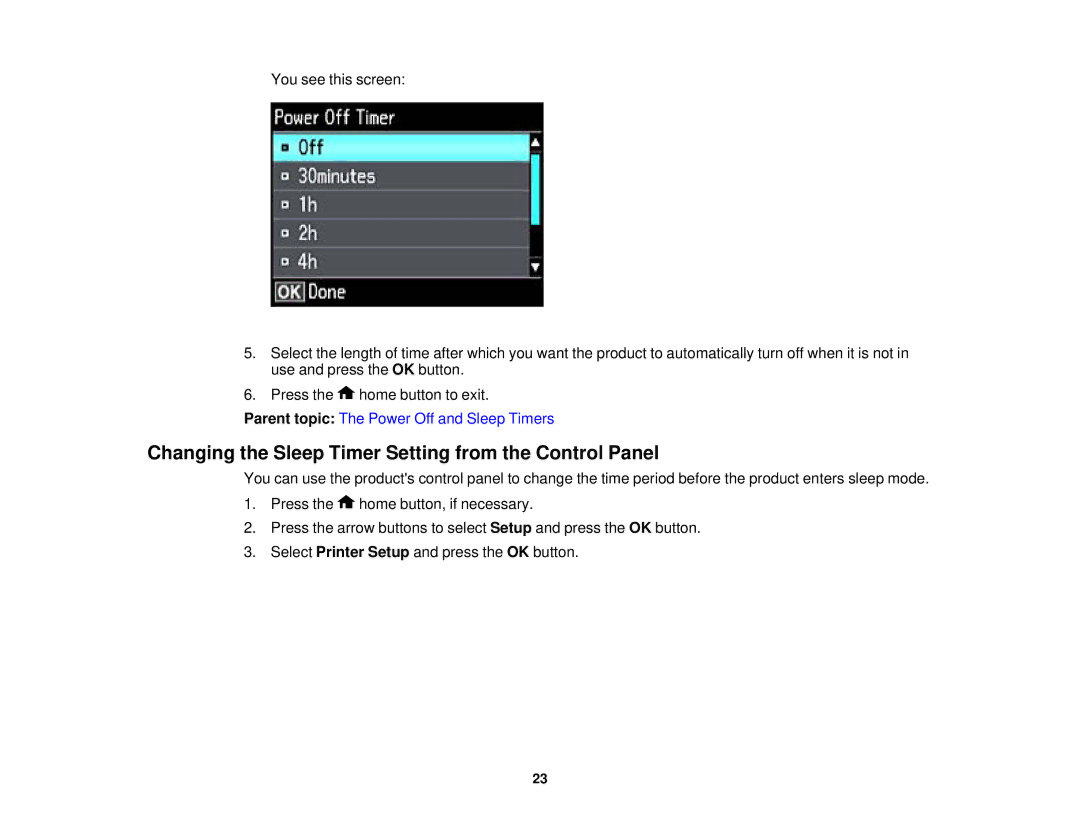 Epson XP-620 manual Changing the Sleep Timer Setting from the Control Panel 