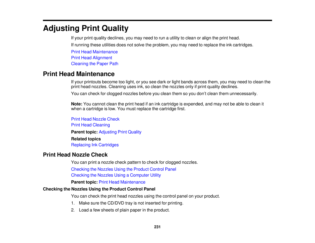 Epson XP-620 manual Print Head Maintenance, Print Head Nozzle Check, Checking the Nozzles Using the Product Control Panel 