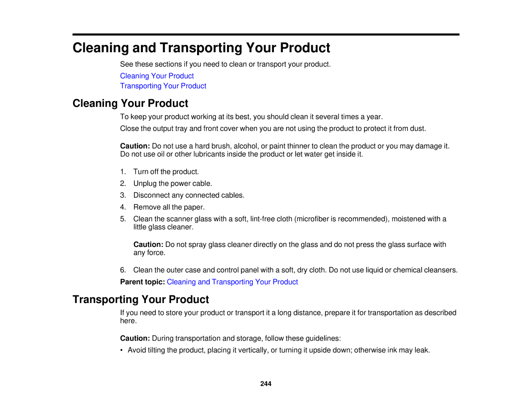 Epson XP-620 manual Cleaning Your Product, Transporting Your Product 