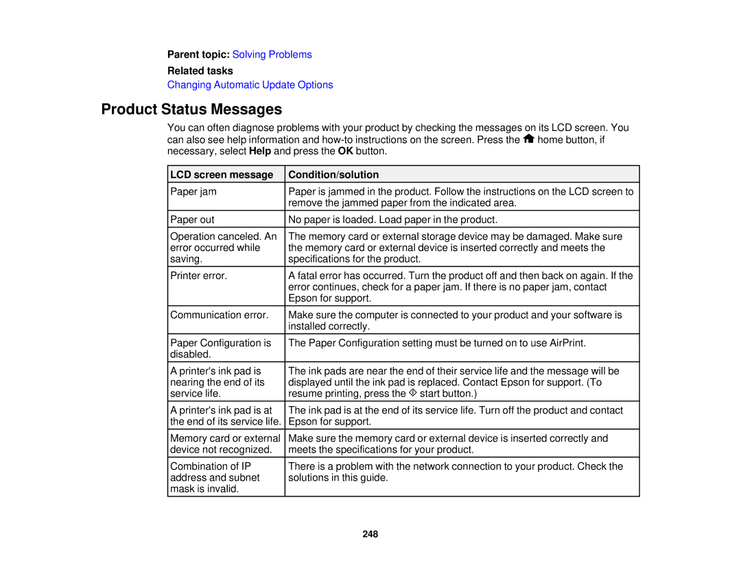 Epson XP-620 manual Product Status Messages, LCD screen message Condition/solution 