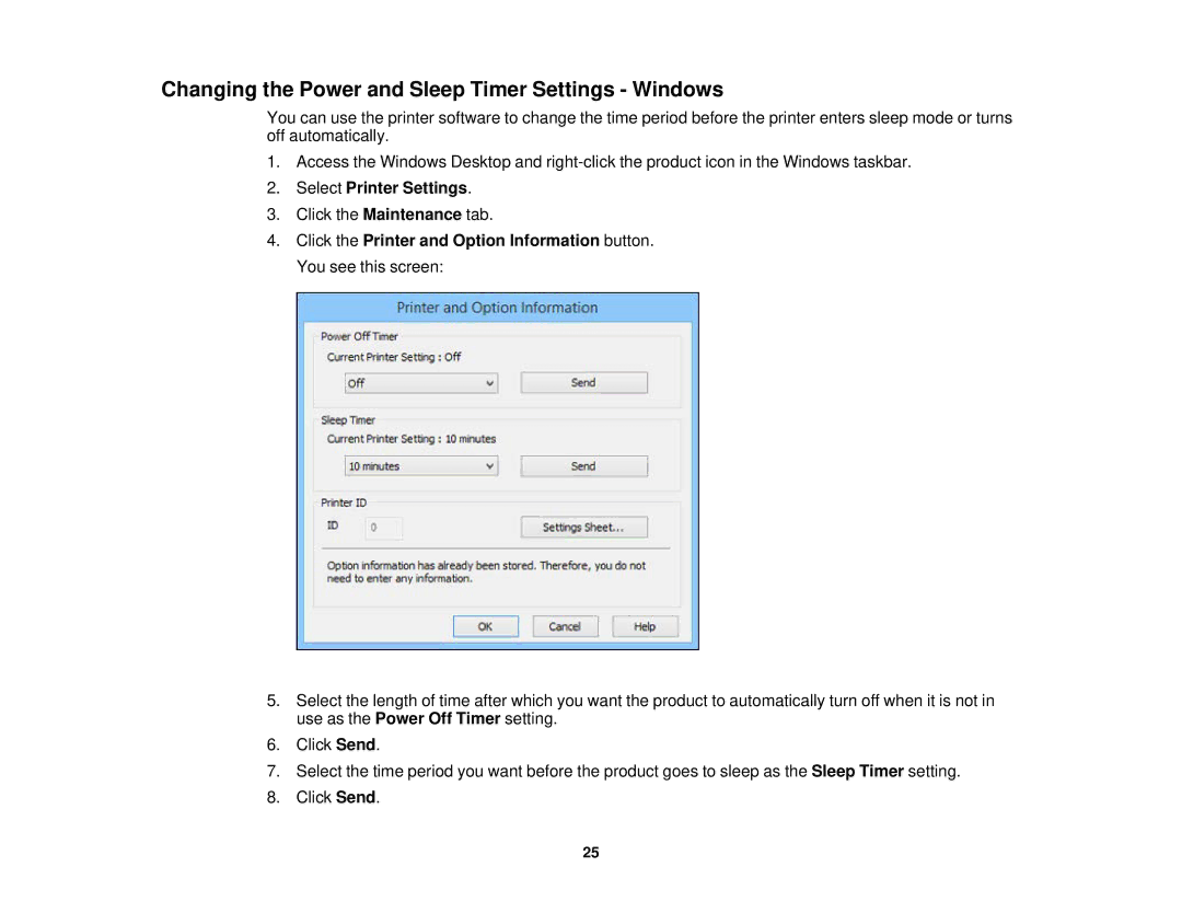 Epson XP-620 manual Changing the Power and Sleep Timer Settings Windows, Select Printer Settings 