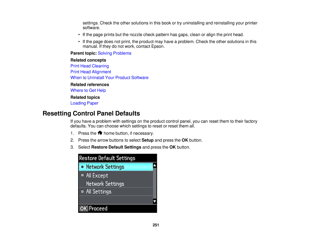 Epson XP-620 manual Resetting Control Panel Defaults, Related concepts 