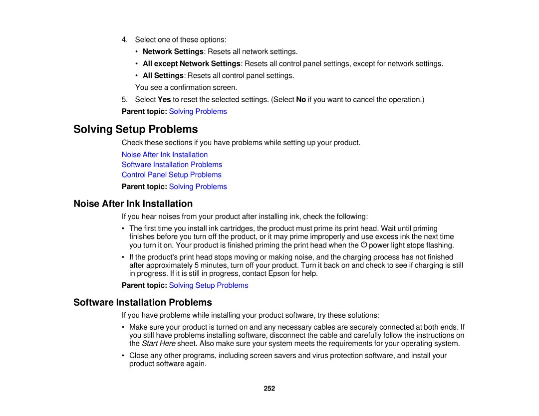 Epson XP-620 manual Solving Setup Problems, Noise After Ink Installation, Software Installation Problems 