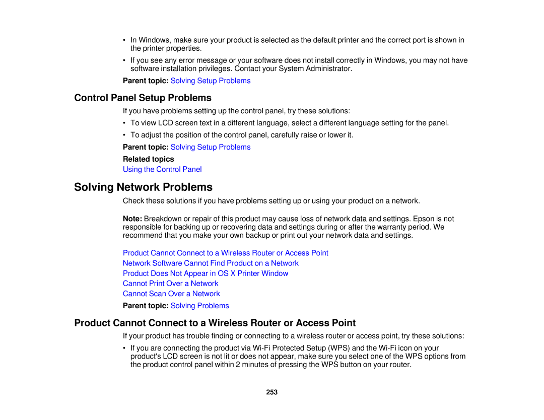 Epson XP-620 manual Solving Network Problems, Control Panel Setup Problems 