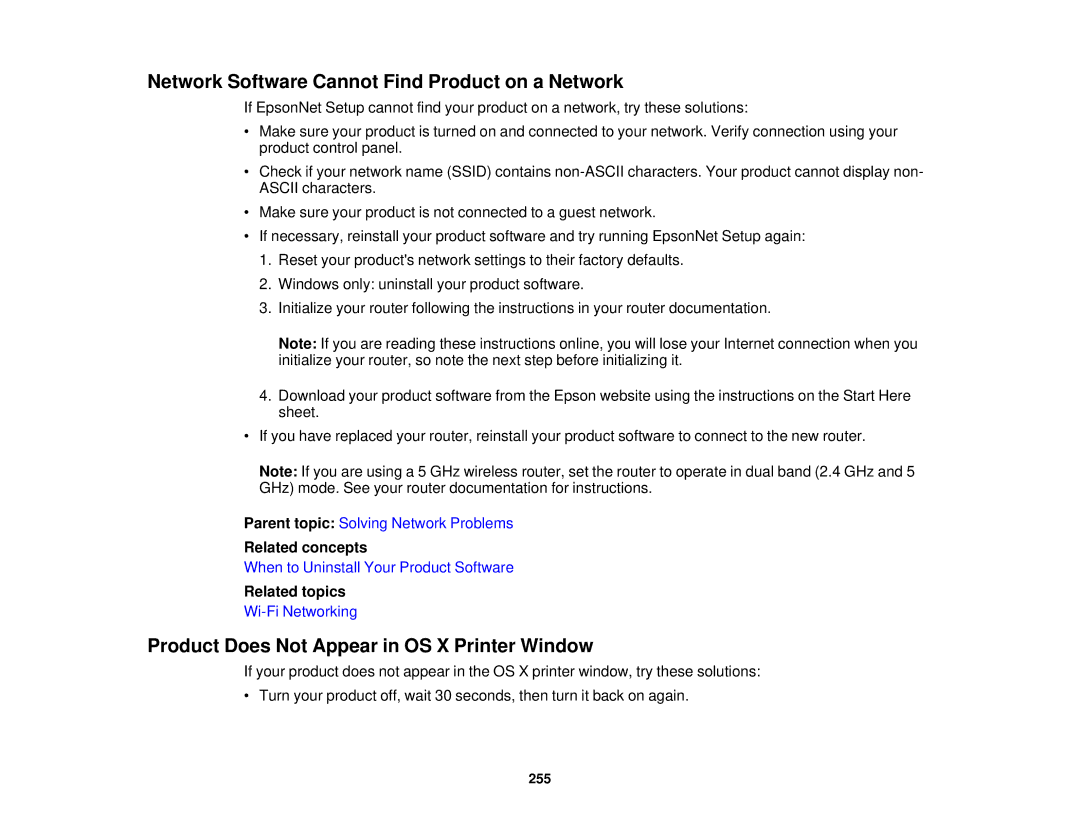 Epson XP-620 manual Network Software Cannot Find Product on a Network, Product Does Not Appear in OS X Printer Window 