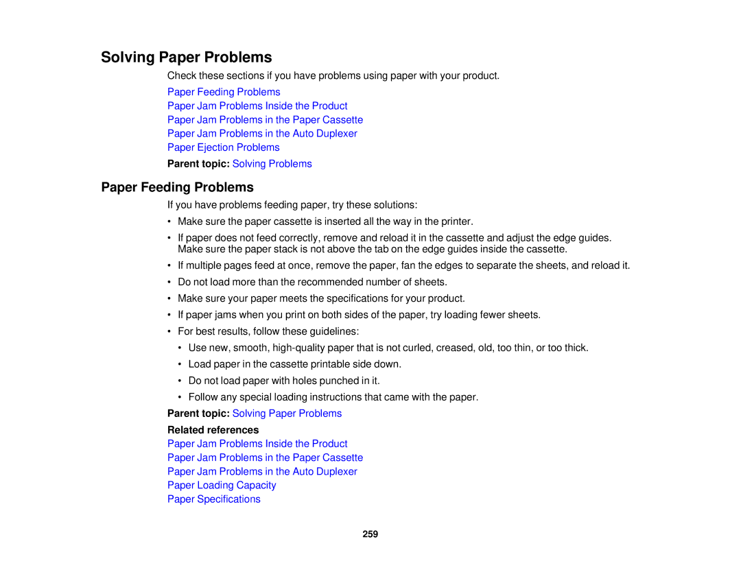 Epson XP-620 manual Solving Paper Problems, Paper Feeding Problems 