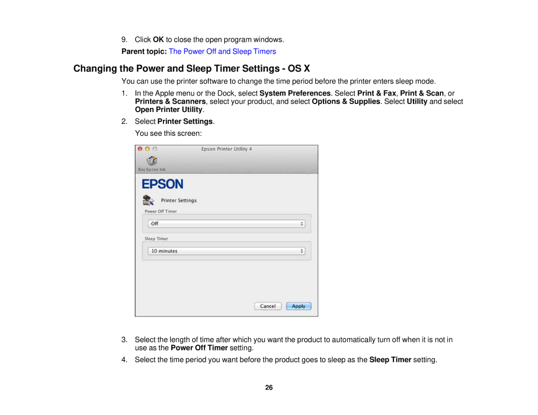 Epson XP-620 manual Changing the Power and Sleep Timer Settings OS 