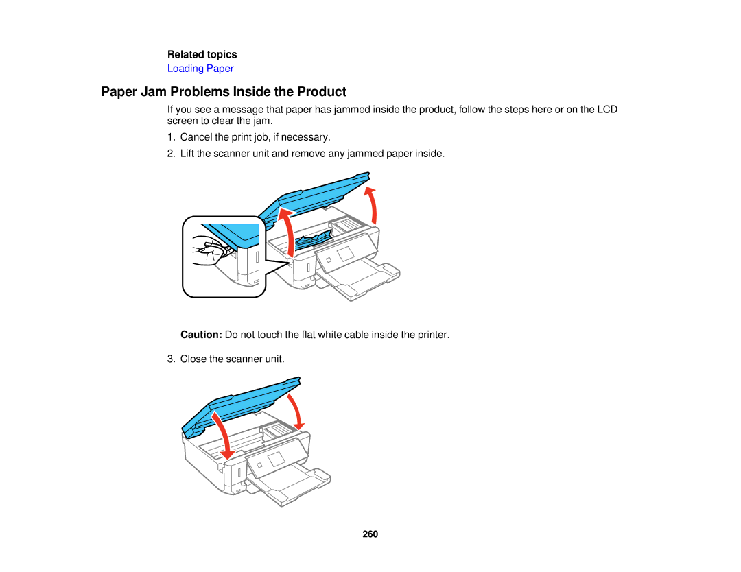 Epson XP-620 manual Paper Jam Problems Inside the Product 