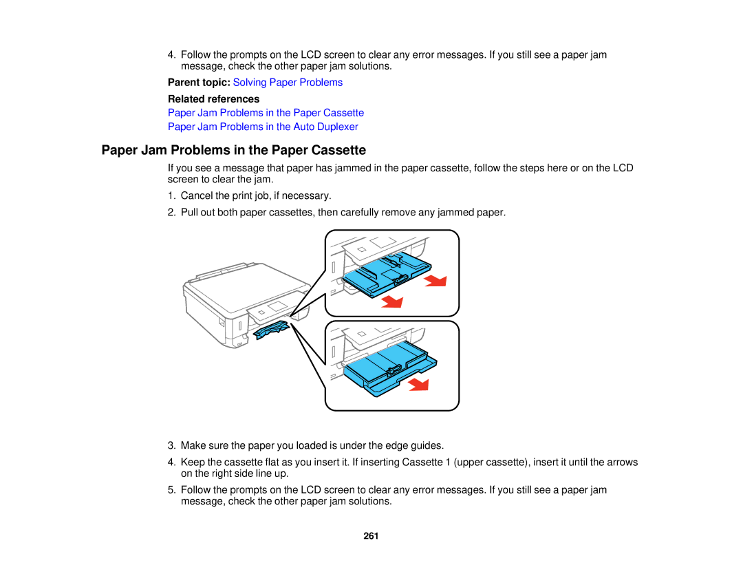 Epson XP-620 manual Paper Jam Problems in the Paper Cassette 