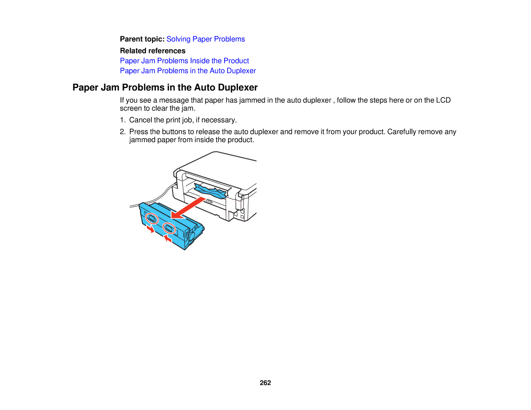 Epson XP-620 manual Paper Jam Problems in the Auto Duplexer 