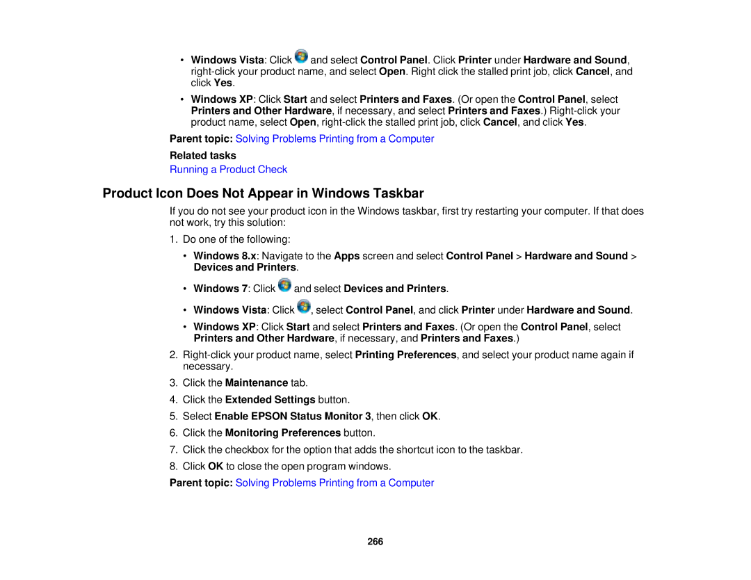 Epson XP-620 manual Product Icon Does Not Appear in Windows Taskbar 