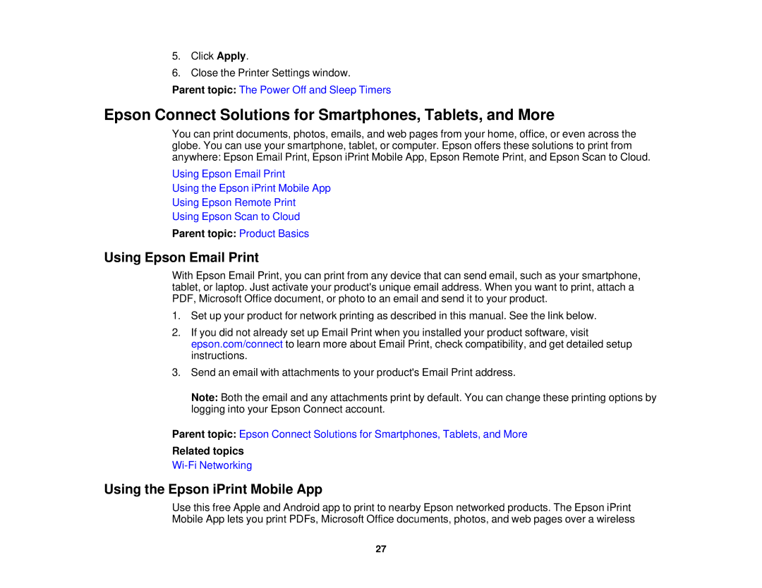 Epson XP-620 manual Epson Connect Solutions for Smartphones, Tablets, and More, Using Epson Email Print, Related topics 