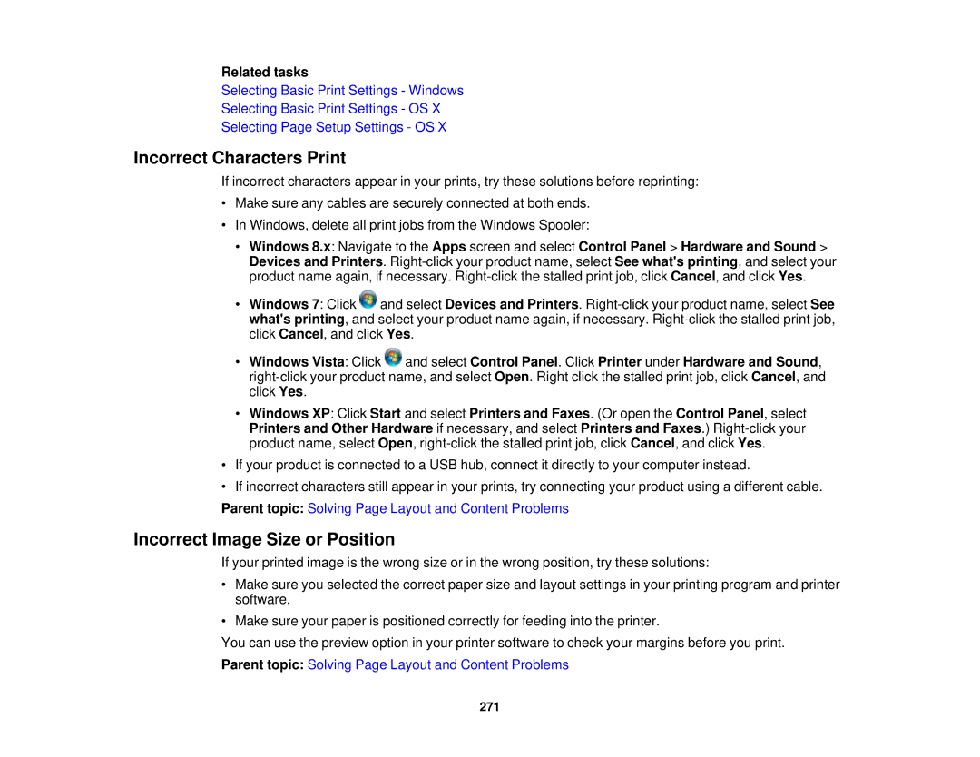 Epson XP-620 manual Incorrect Characters Print, Incorrect Image Size or Position 