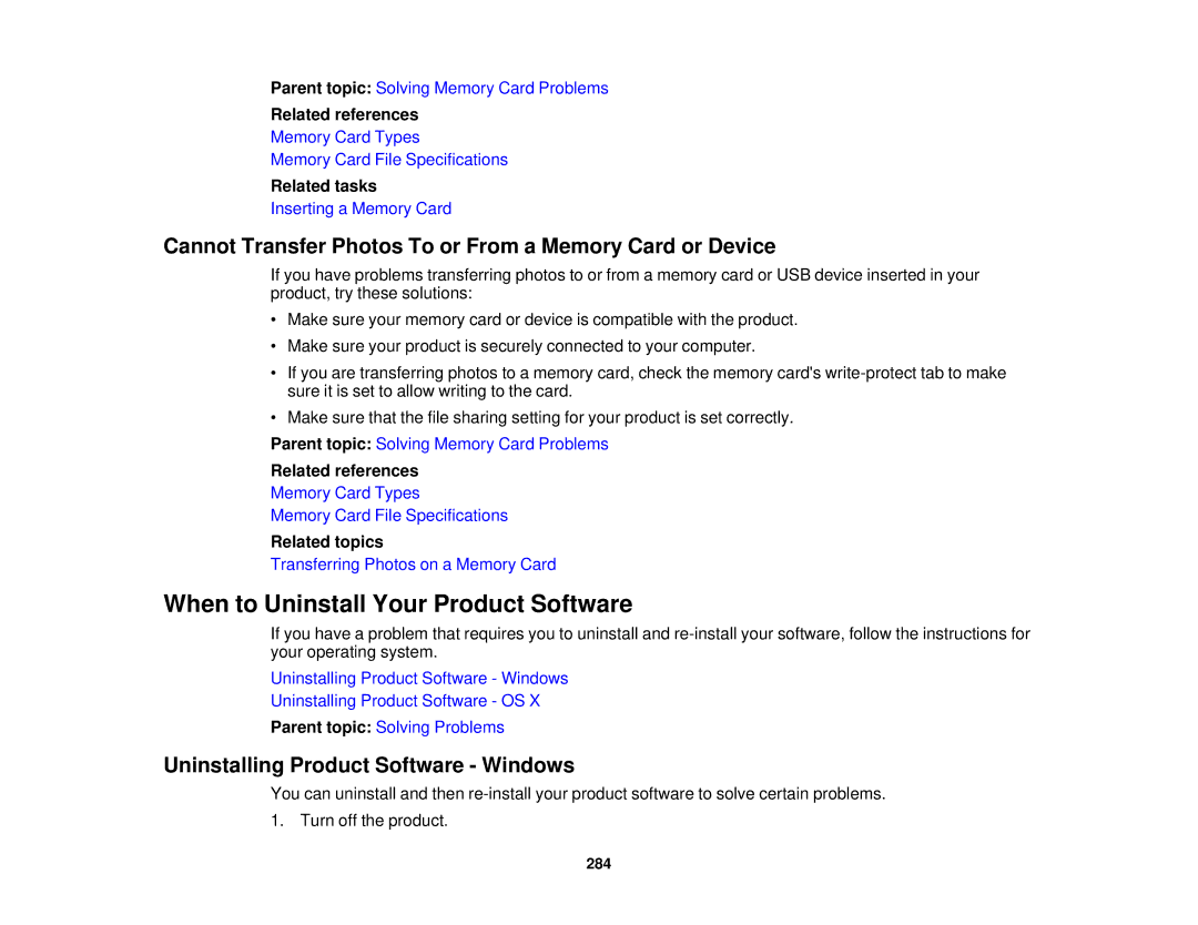 Epson XP-620 manual When to Uninstall Your Product Software, Cannot Transfer Photos To or From a Memory Card or Device 