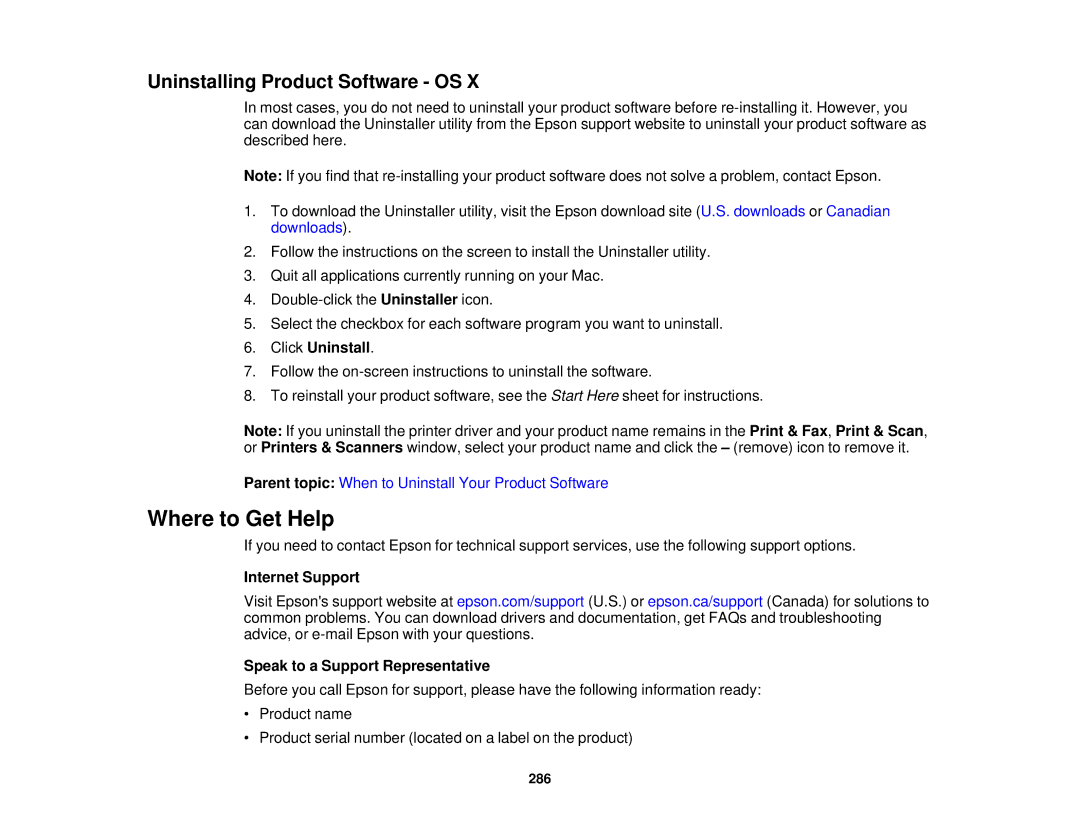 Epson XP-620 manual Where to Get Help, Uninstalling Product Software OS, Click Uninstall 