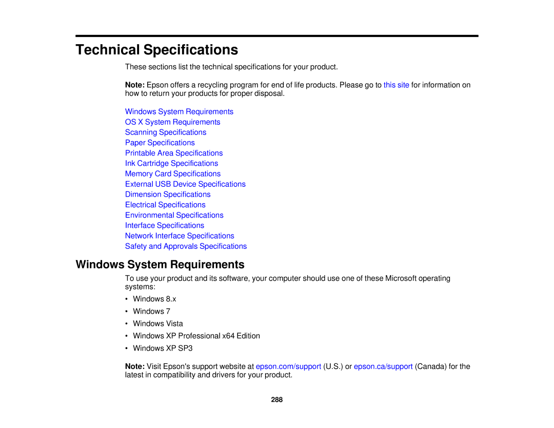 Epson XP-620 manual Technical Specifications, Windows System Requirements 