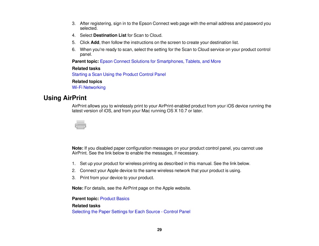 Epson XP-620 manual Using AirPrint, Parent topic Product Basics Related tasks 