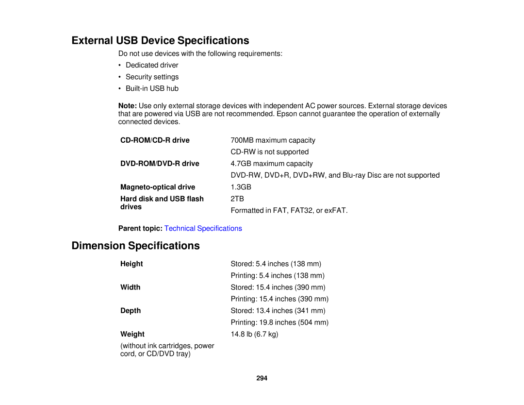 Epson XP-620 manual External USB Device Specifications, Dimension Specifications, Height, Width, Depth 