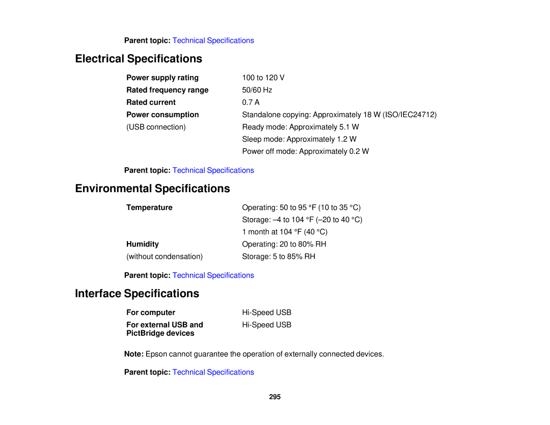 Epson XP-620 manual Electrical Specifications, Environmental Specifications, Interface Specifications 