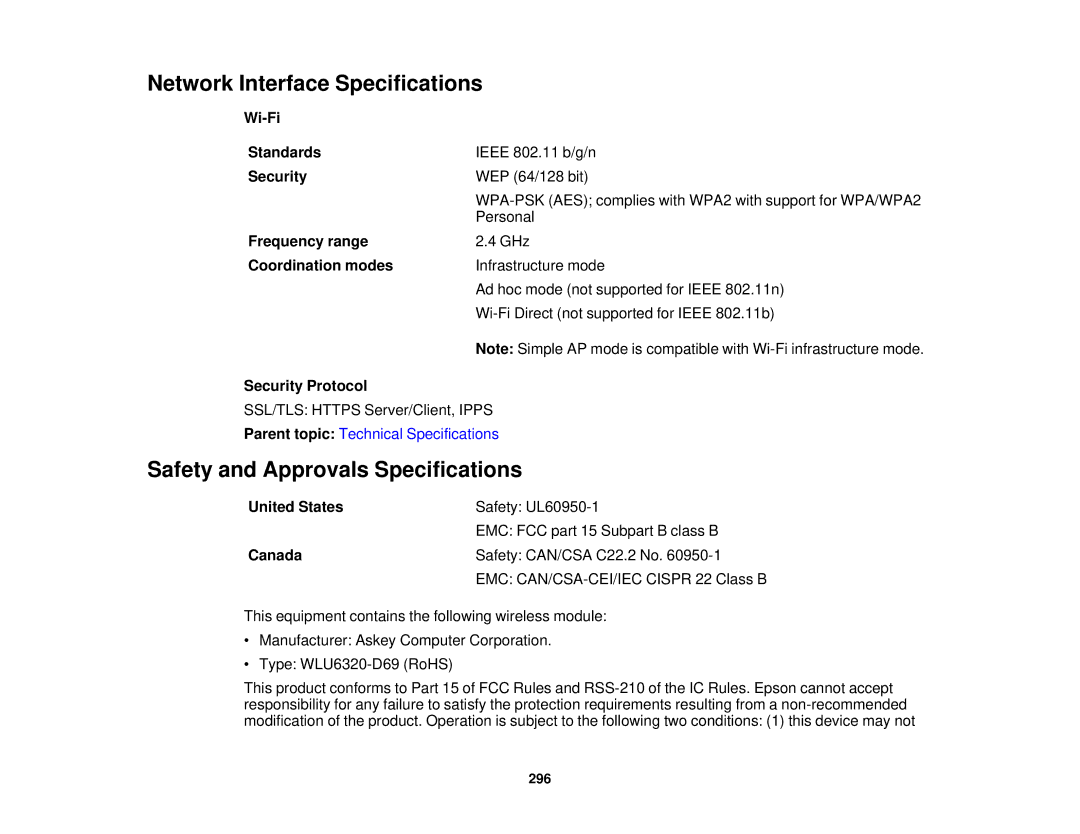 Epson XP-620 manual Network Interface Specifications, Safety and Approvals Specifications 