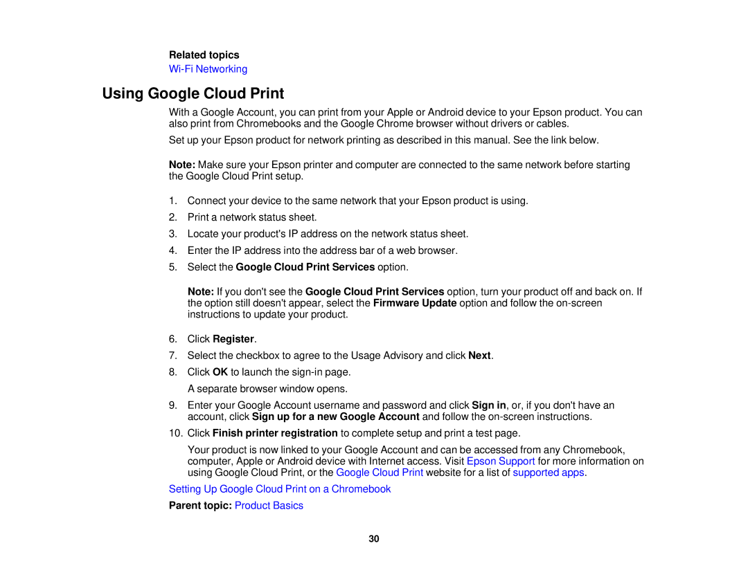 Epson XP-620 manual Using Google Cloud Print, Select the Google Cloud Print Services option Click Register 