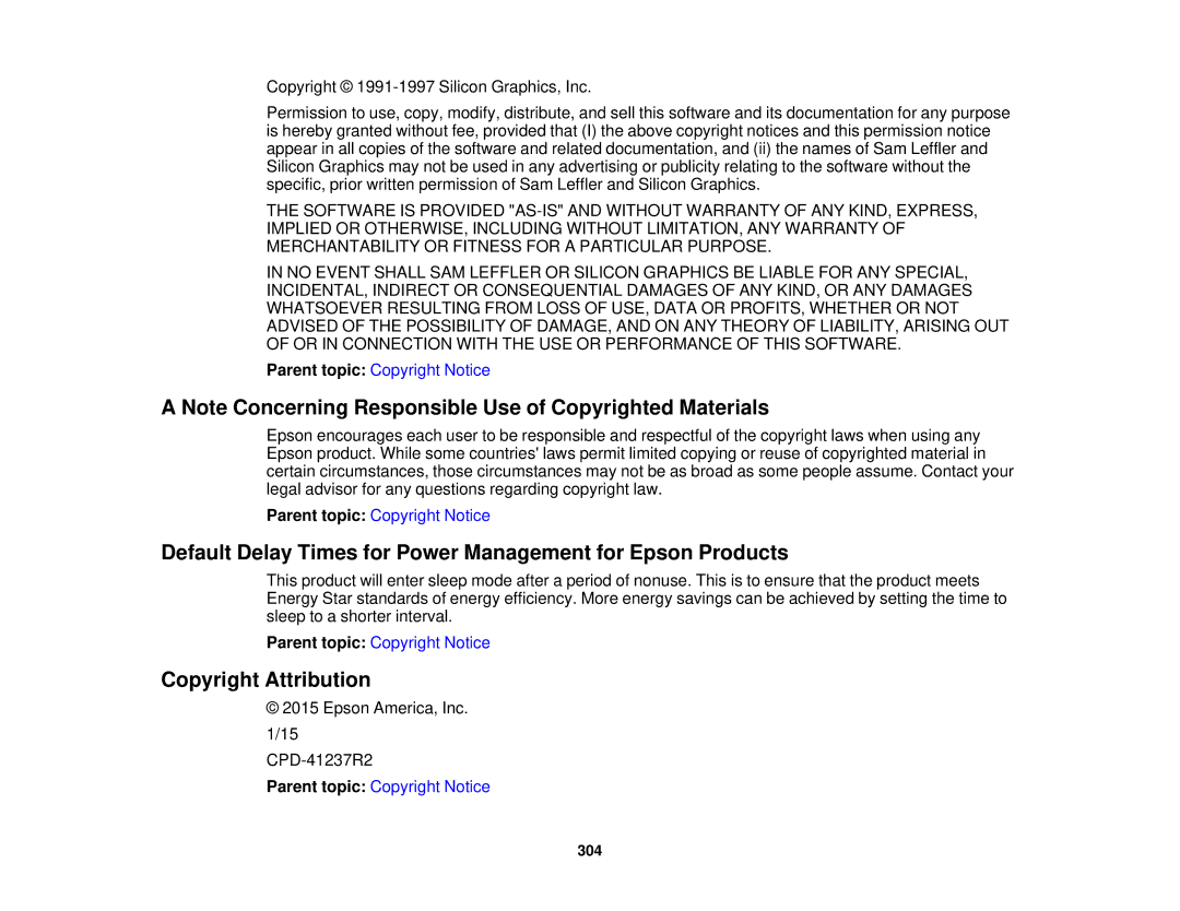 Epson XP-620 manual Default Delay Times for Power Management for Epson Products, Copyright Attribution 