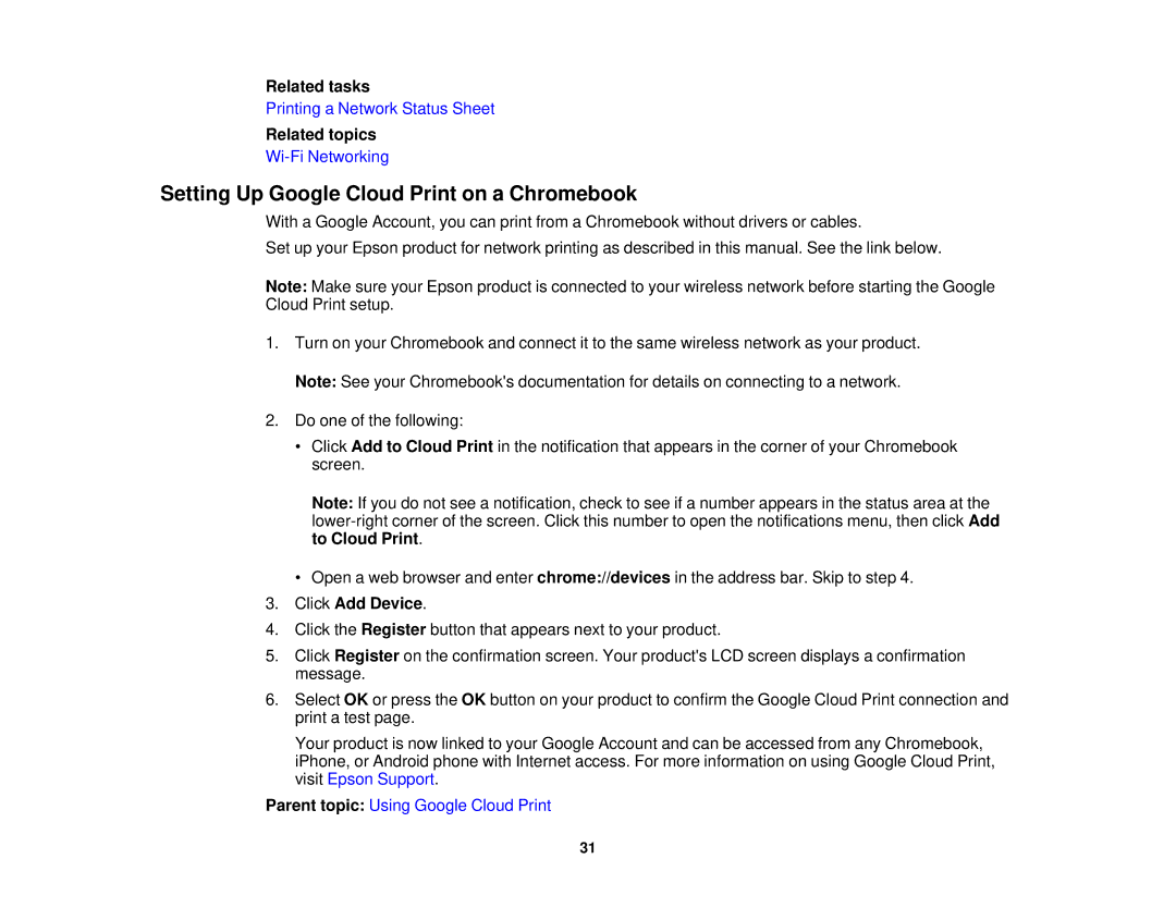 Epson XP-620 manual Setting Up Google Cloud Print on a Chromebook, Click Add Device 